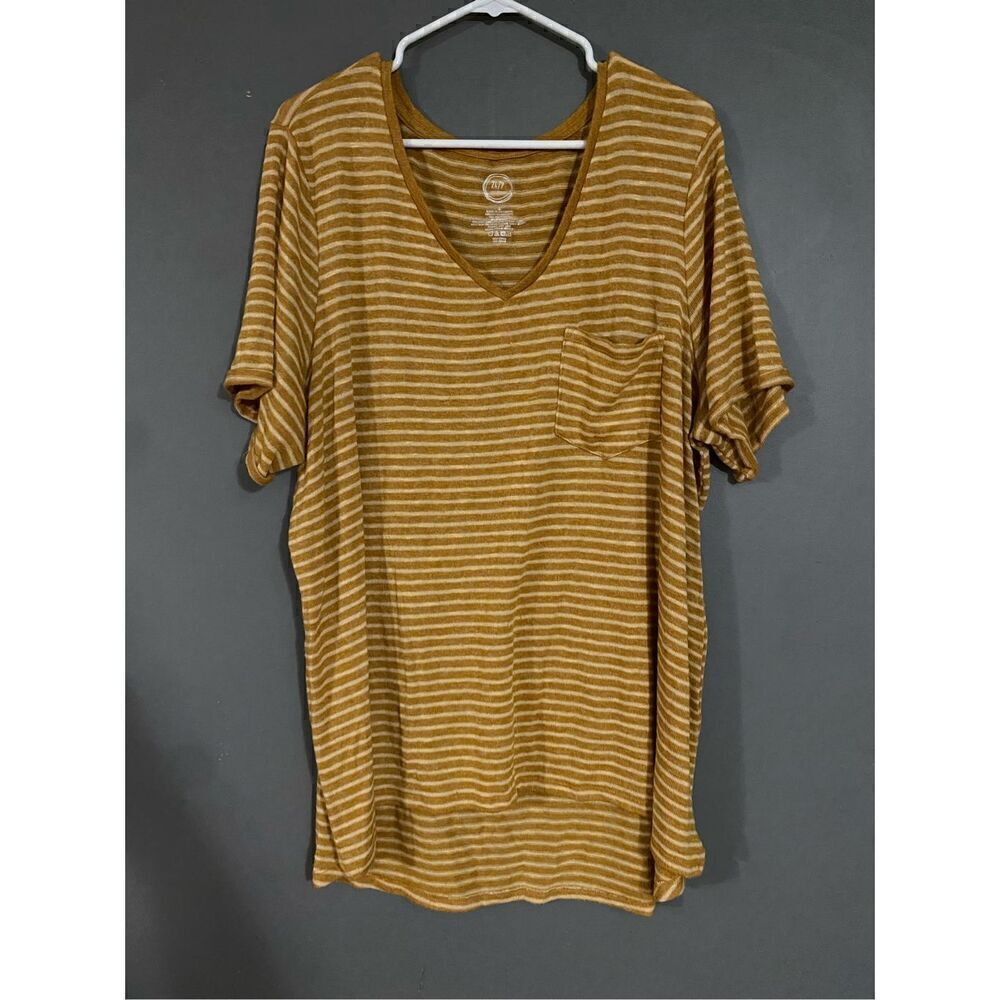 Maurices Yellow Striped Roll Cuff Short Sleeve High Low V Neck Top Size 2X